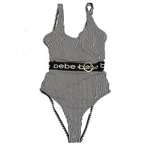 Bebe Black & White Striped Belted One Piece Swimsuit - M
